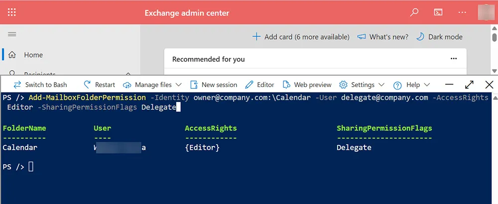 PowerShell example showing Add-MailboxFolderPermission and Set-MailboxFolderPermission for Calendar Editor access