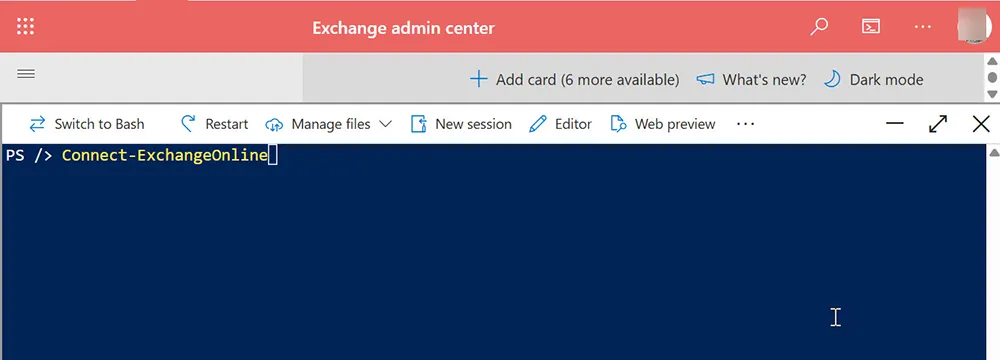 Microsoft Cloud Shell PowerShell session showing Connect-ExchangeOnline command in a browser