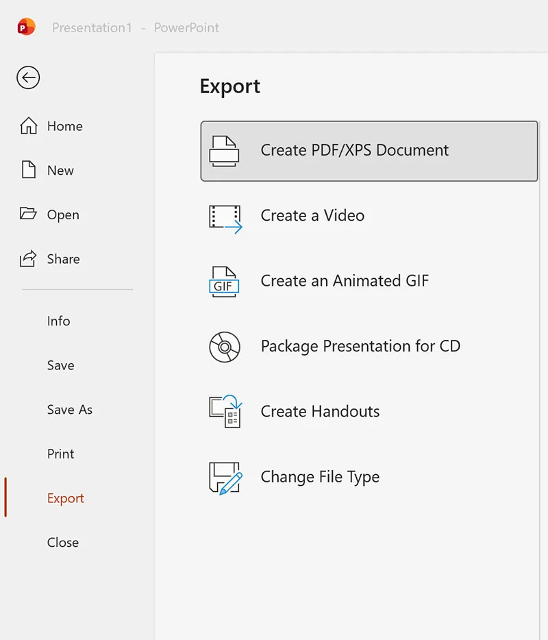 PowerPoint export options showing PDF export and file save choices for sharing a presentation.