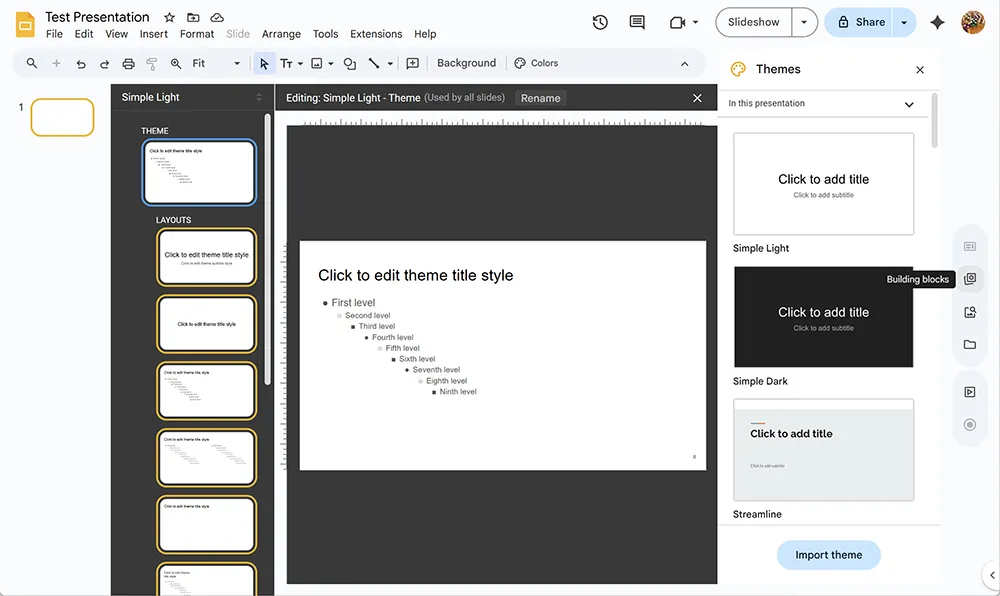 Google Slides Edit master view showing master slide and layout slides for consistent formatting.