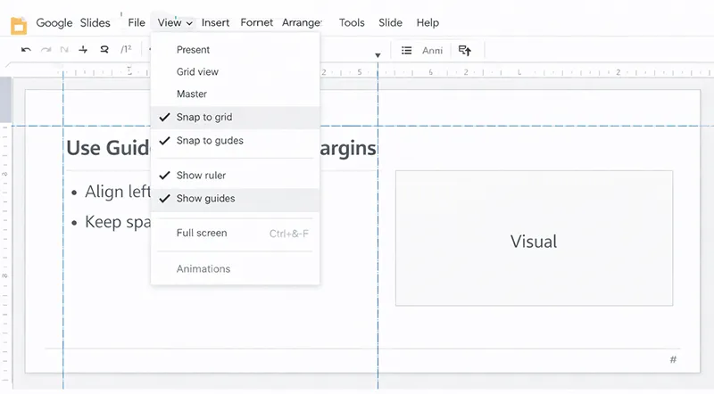 Google Slides slide canvas with ruler enabled and guides used to align text and images consistently.