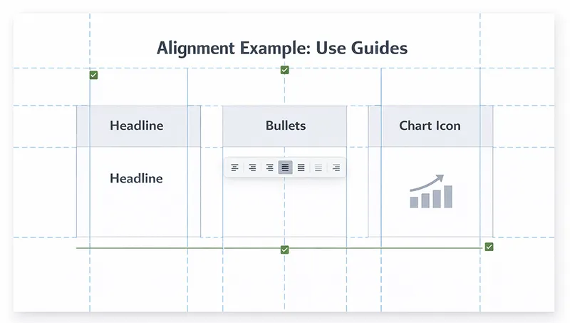 Illustration showing slide elements aligned to consistent margins and guides to demonstrate clean layout spacing.