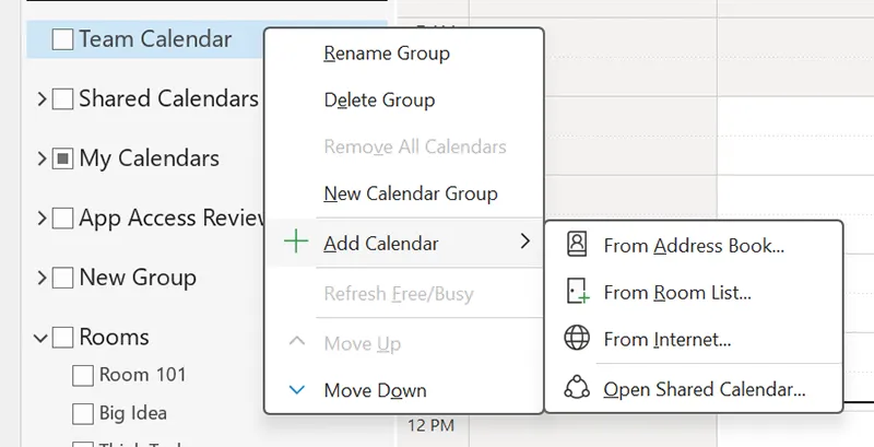 Windows Outlook Calendar view showing Add Calendar menu with From Address Book and Open Shared Calendar options