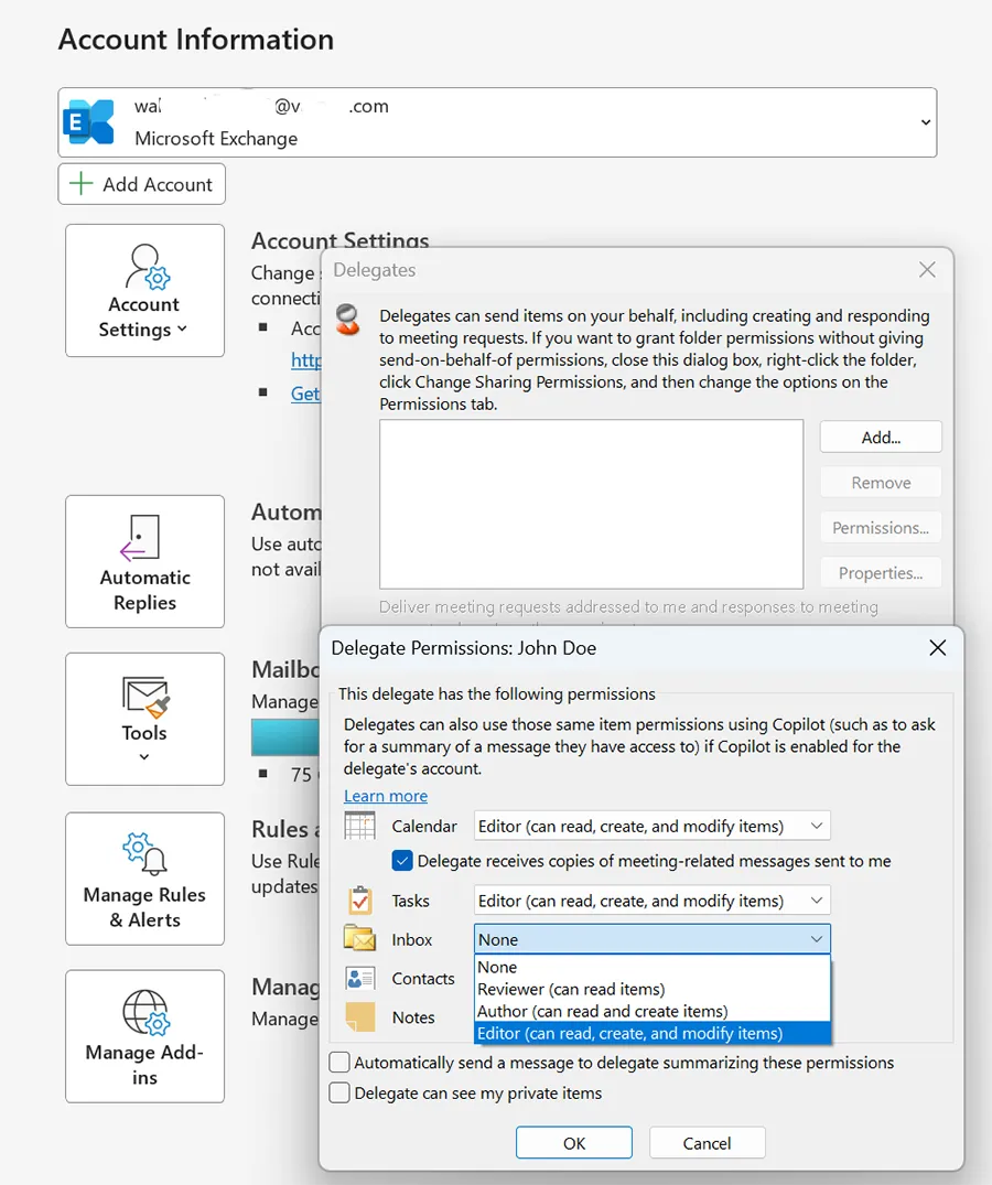Windows Outlook Delegate Permissions dialog showing role dropdowns for Calendar, Tasks, Inbox, Contacts, and Notes