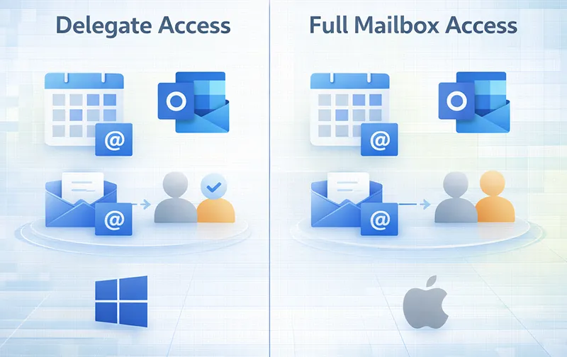 Comparison graphic showing Outlook Delegate Access versus Full Mailbox Access for calendar and inbox on Windows and macOS