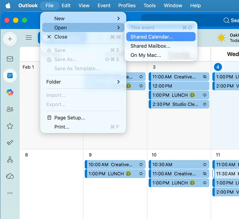 Outlook for macOS showing File menu path to open a shared calendar