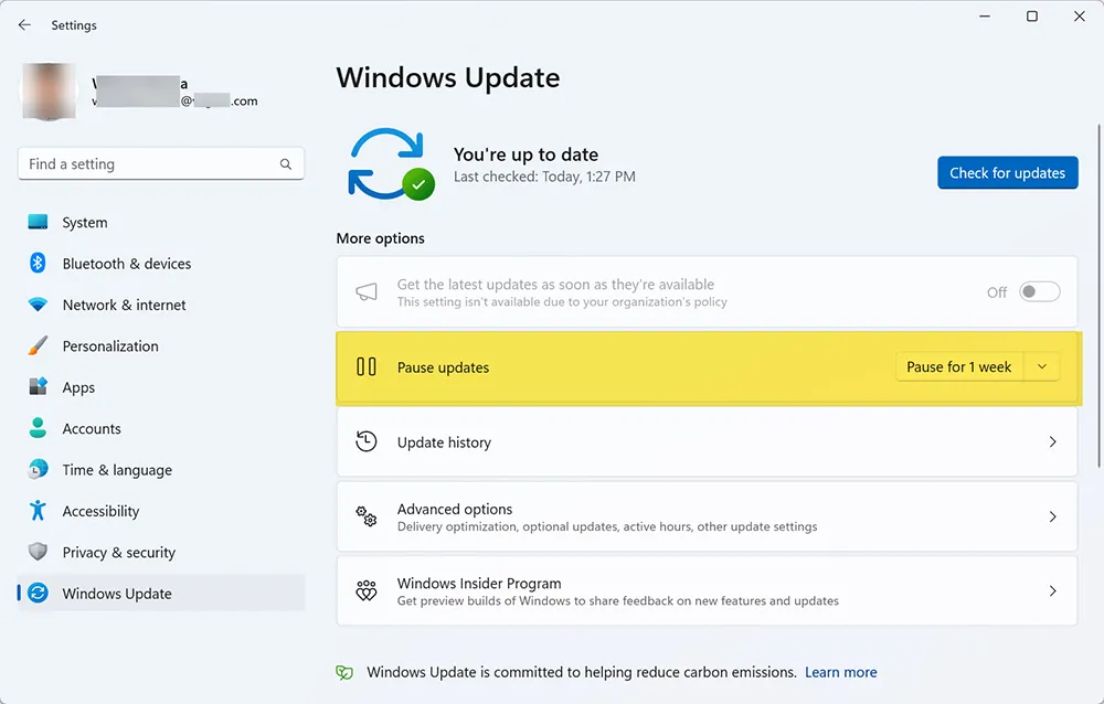 Windows Update settings showing Pause updates option enabled in Windows 11