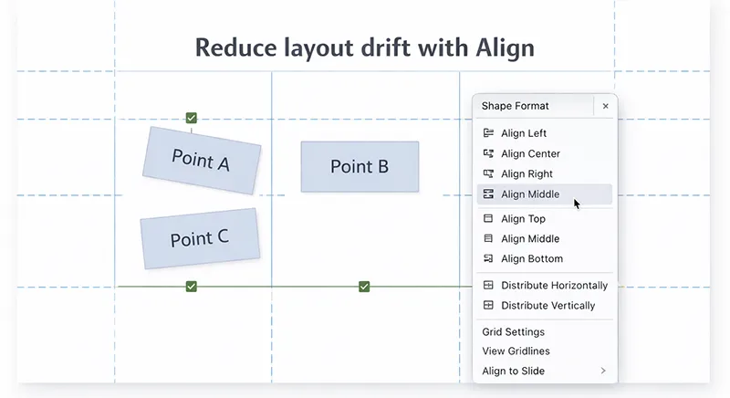 PowerPoint slide with visible guides and multiple objects being aligned using the Align menu.