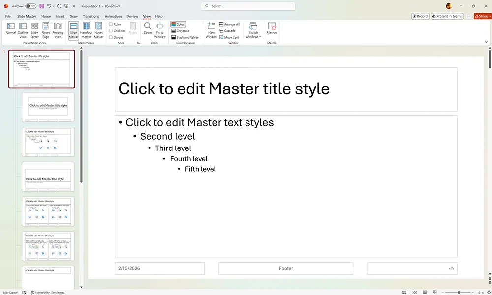 PowerPoint Slide Master view with master and layout slides used to control deck-wide formatting and structure.