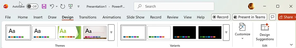 PowerPoint design tab showing theme selection and variants used to start a clean business deck.