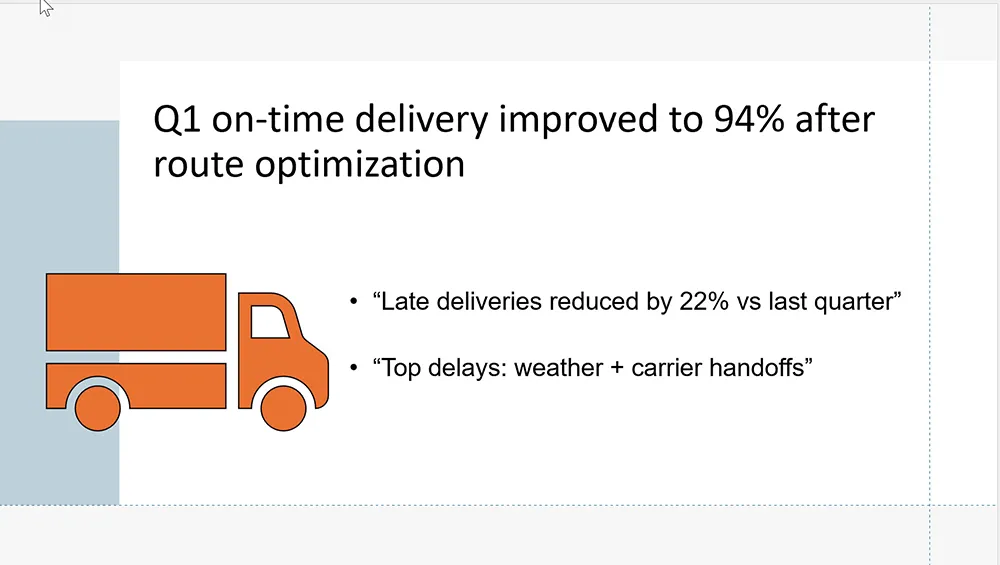 A clean business slide layout showing a bold takeaway headline, minimal text blocks, and aligned visual elements.