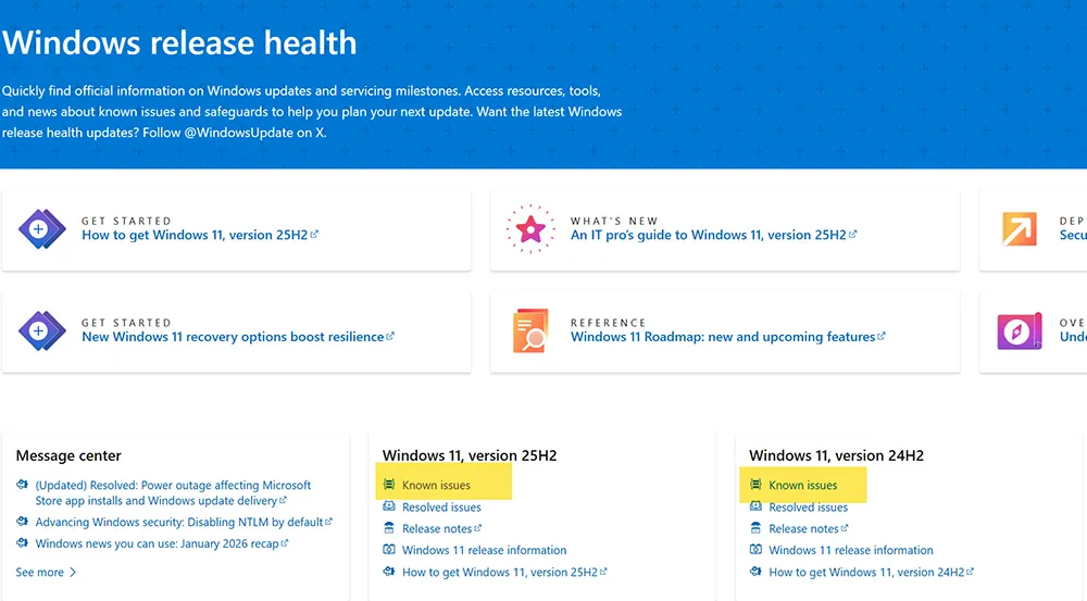 Microsoft Windows Release Health page used to track known issues and update status