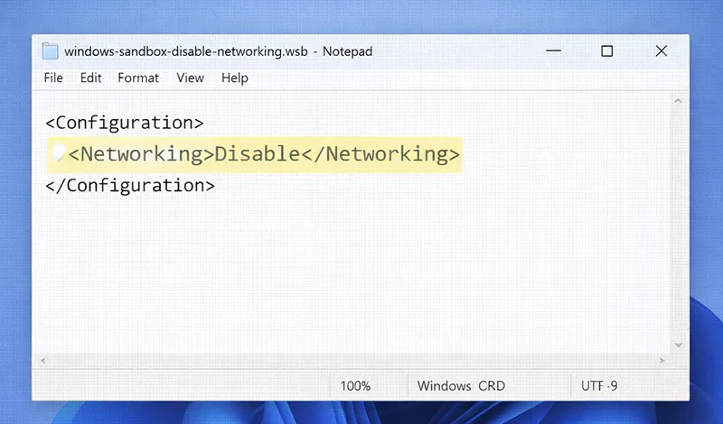 Windows Sandbox configuration file disabling networking
