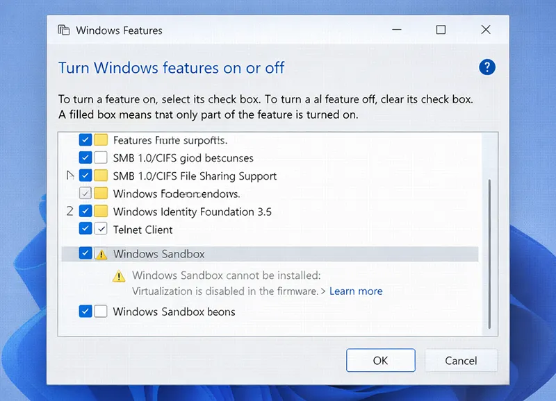 Windows Sandbox option greyed out due to missing virtualization support