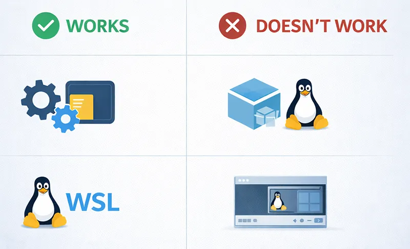 Comparison of what works and what does not with Linux in Windows Sandbox