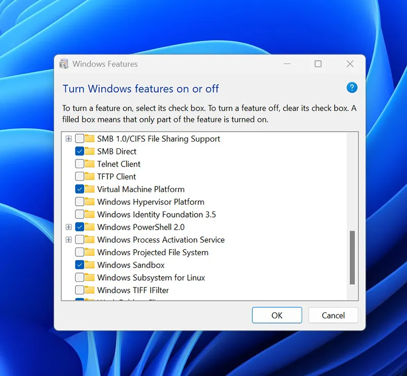 Windows Features dialog showing Windows Sandbox option