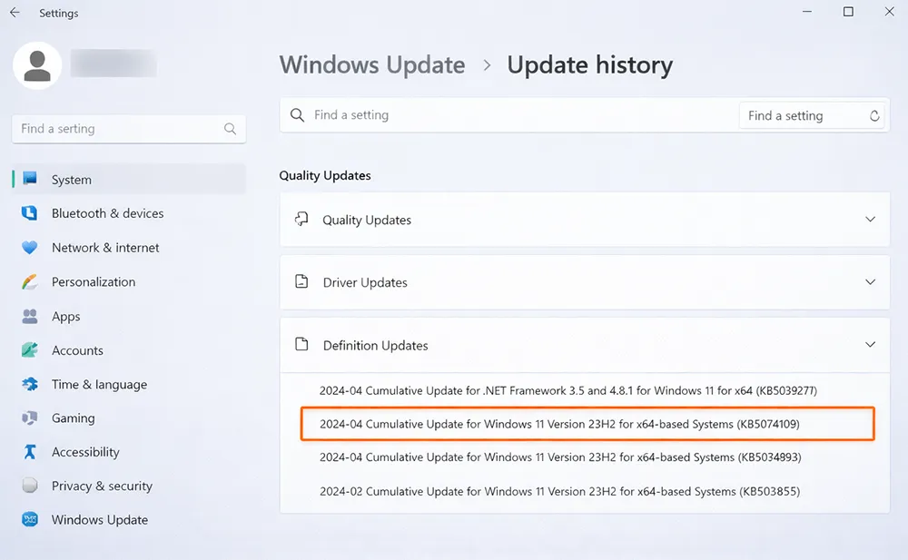 Windows 11 Update history showing KB5074109 listed under quality updates
