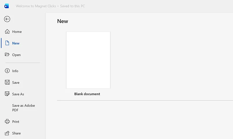 Creating a new blank document in Microsoft Word showing the New document screen