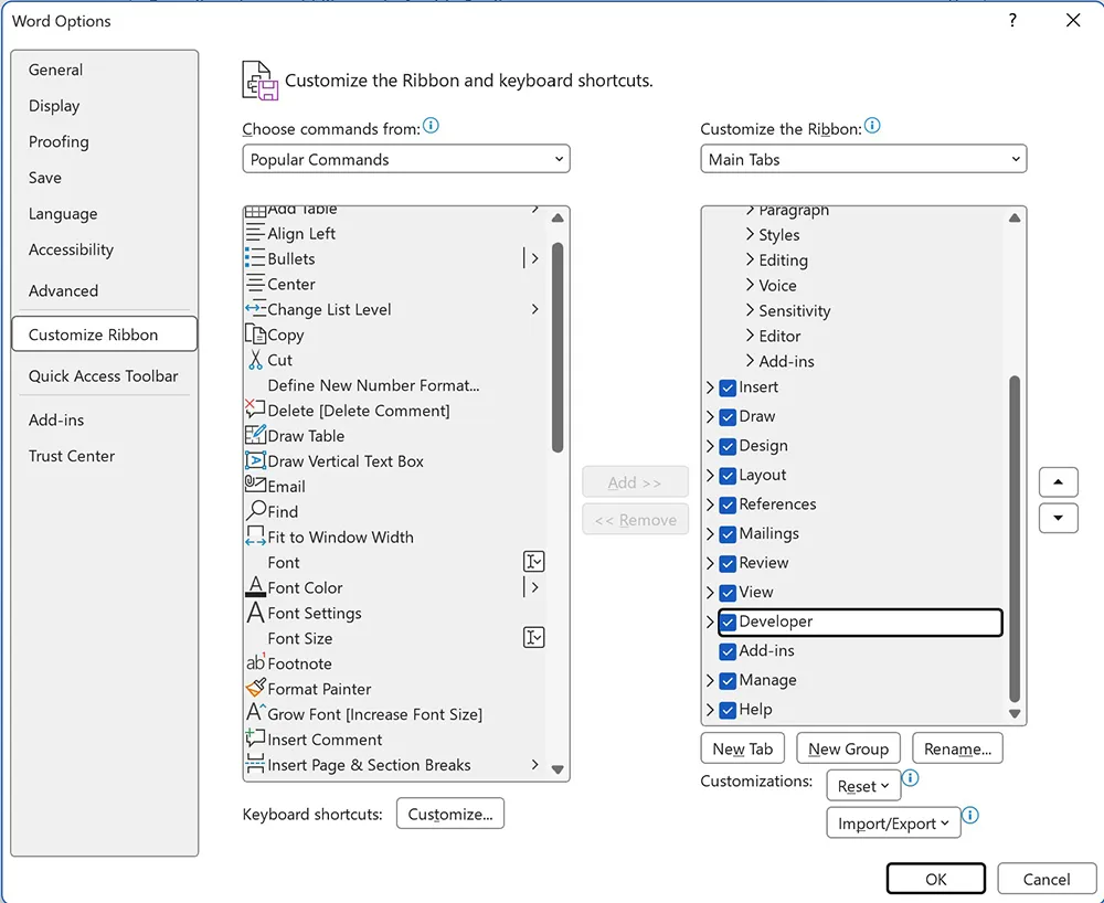 Microsoft Word Developer tab enabled in ribbon