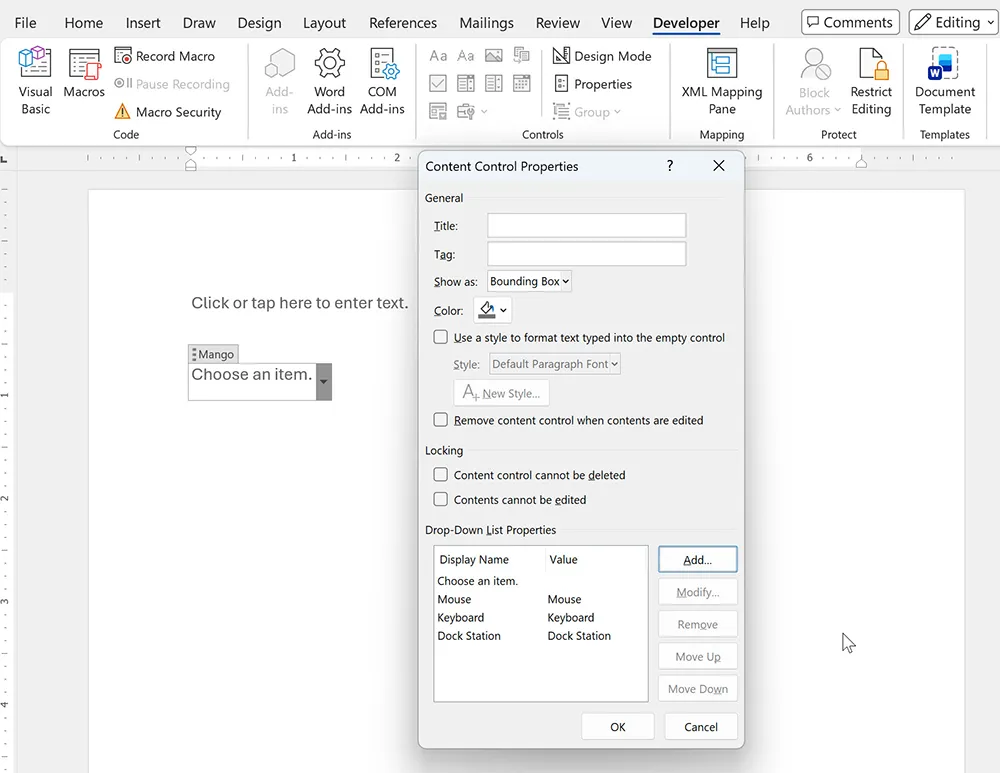 Dropdown content control properties window in Word