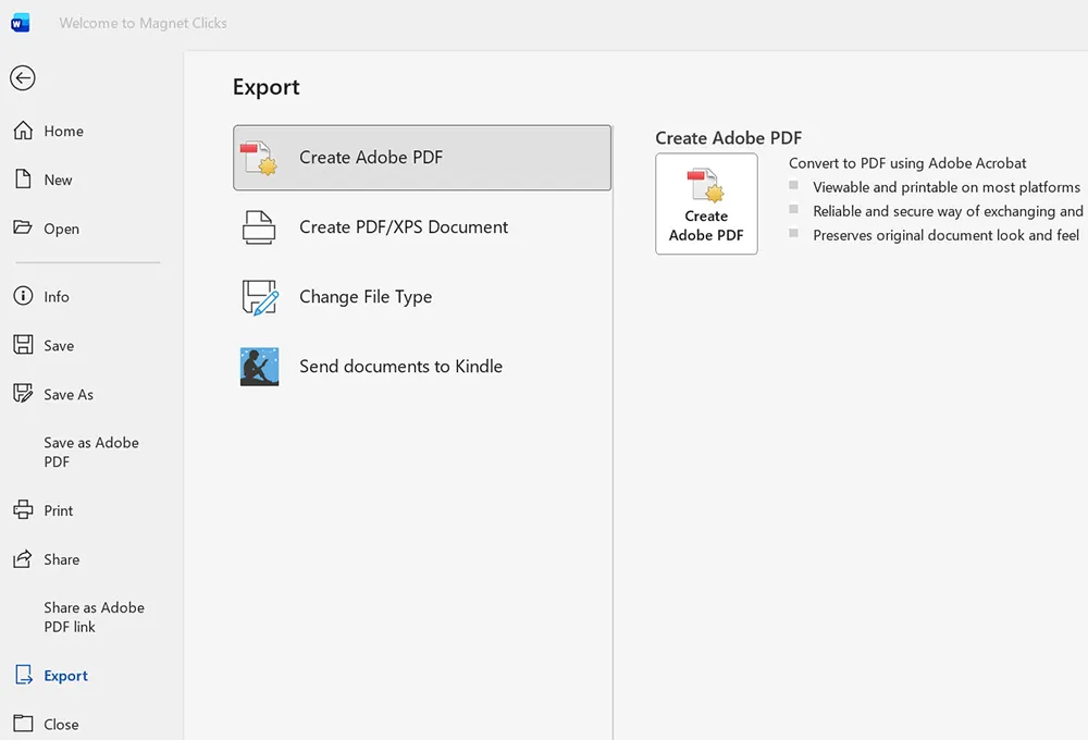 Exporting a Word document to PDF using the Export or Save As PDF options