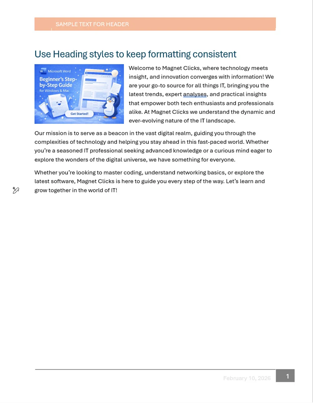 Microsoft Word header and footer with page numbers example on a multi-page document