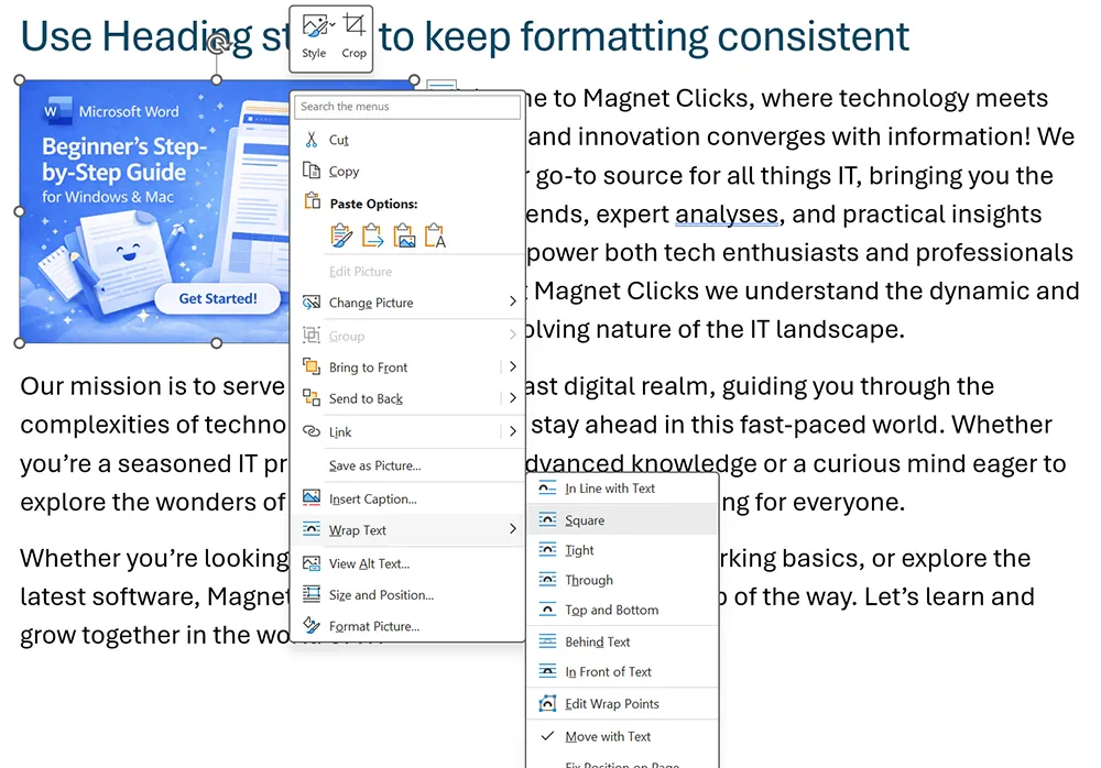 Microsoft Word image text wrapping options showing in line with text and square wrap