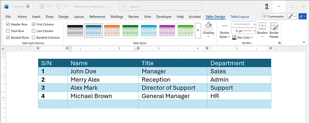 Microsoft Word Insert Table menu and Table Design options for beginners