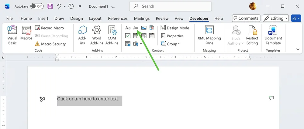 Plain text content control inserted in Word form