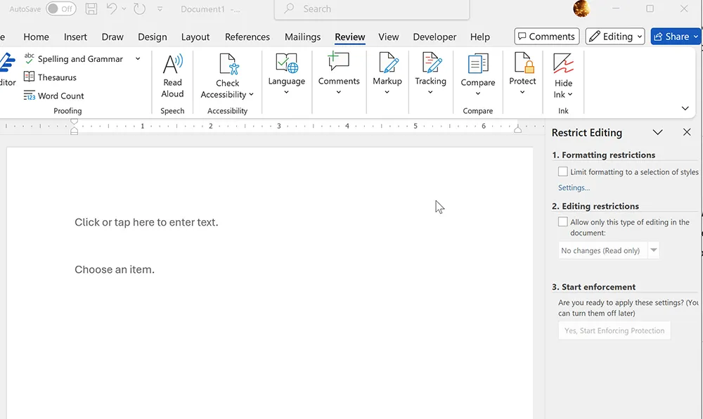 Restrict Editing panel in Word