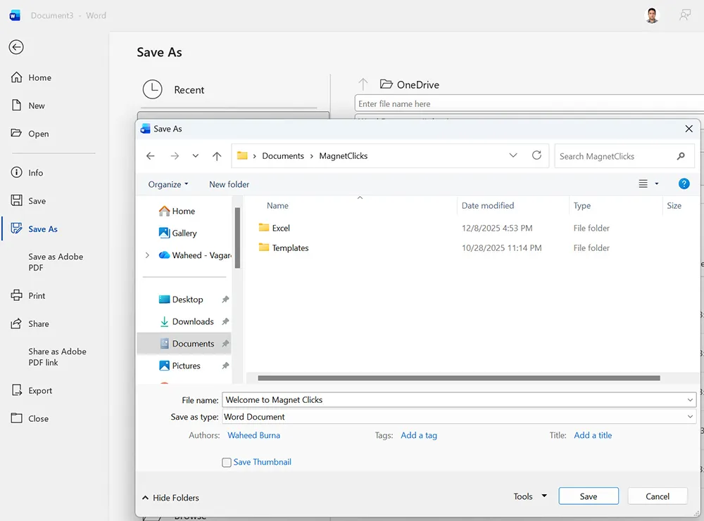 Microsoft Word Save As screen showing file name and save location options