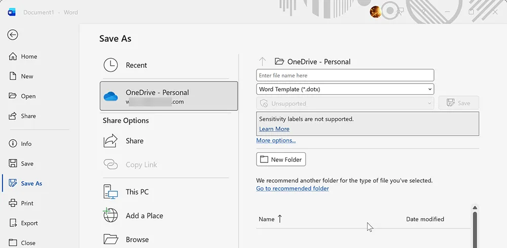 Save as Word Template dotx screen