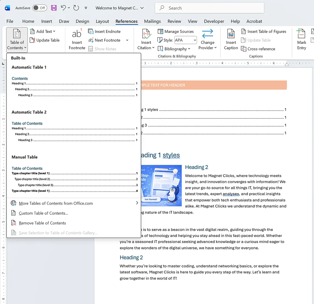 Automatic Table of Contents in Word created using Heading styles