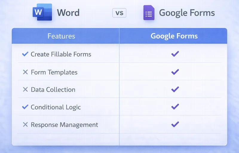 Comparison of Word forms and Google Forms features