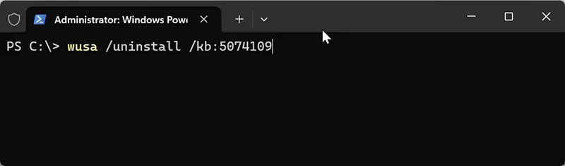Command Prompt running wusa uninstall command for KB5074109