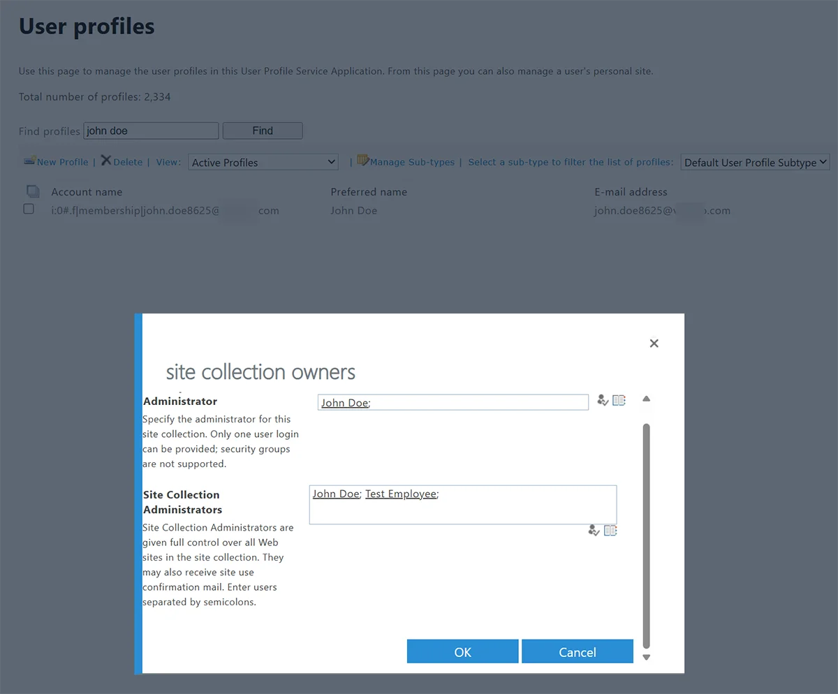 Site collection owners window showing a new employee being added as Site Collection Administrator
