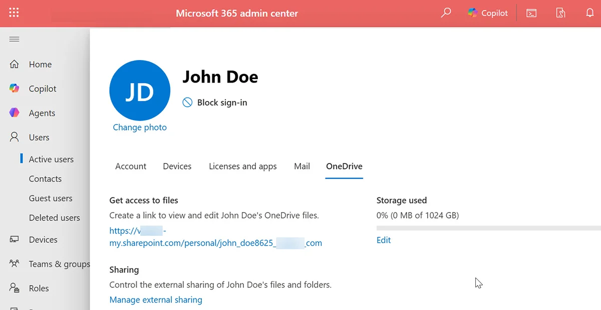 Microsoft 365 admin center user profile showing the OneDrive tab and direct link to the former employee OneDrive files