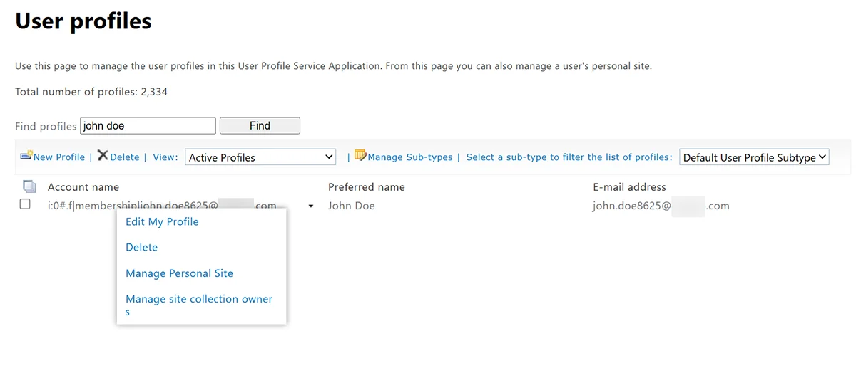SharePoint User Profiles page showing the profile action menu with Manage site collection owners option