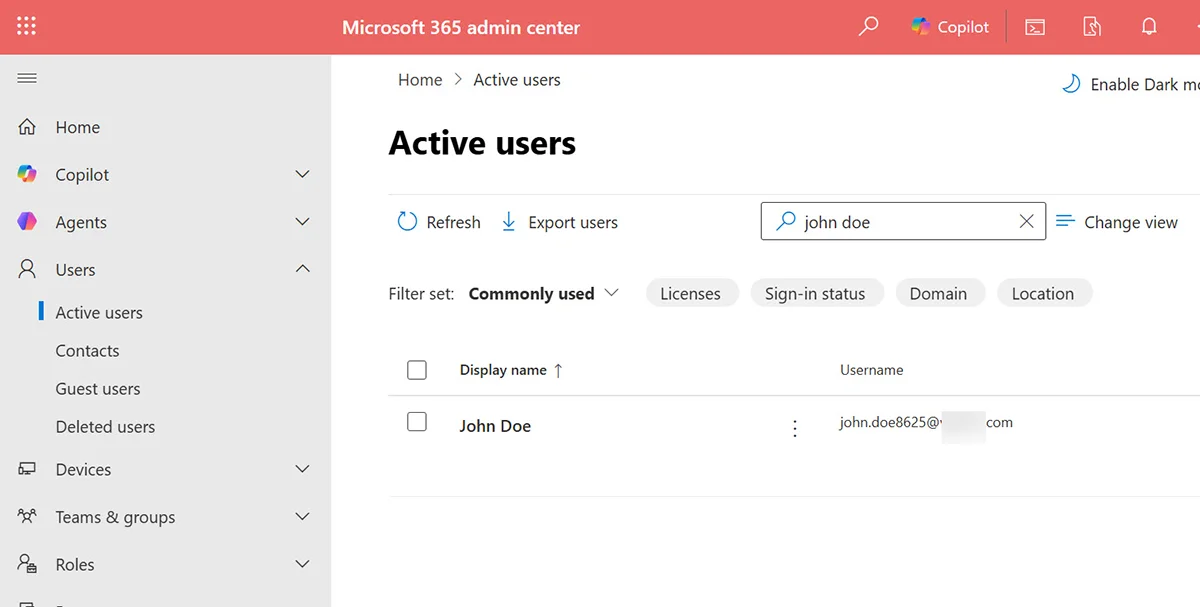 Microsoft 365 admin center Active users page showing a search for a former employee account