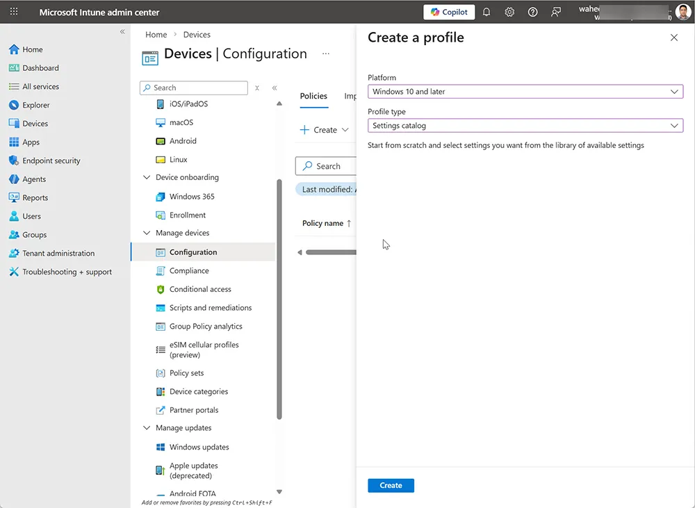 Creating configuration profile in Microsoft Intune settings catalog