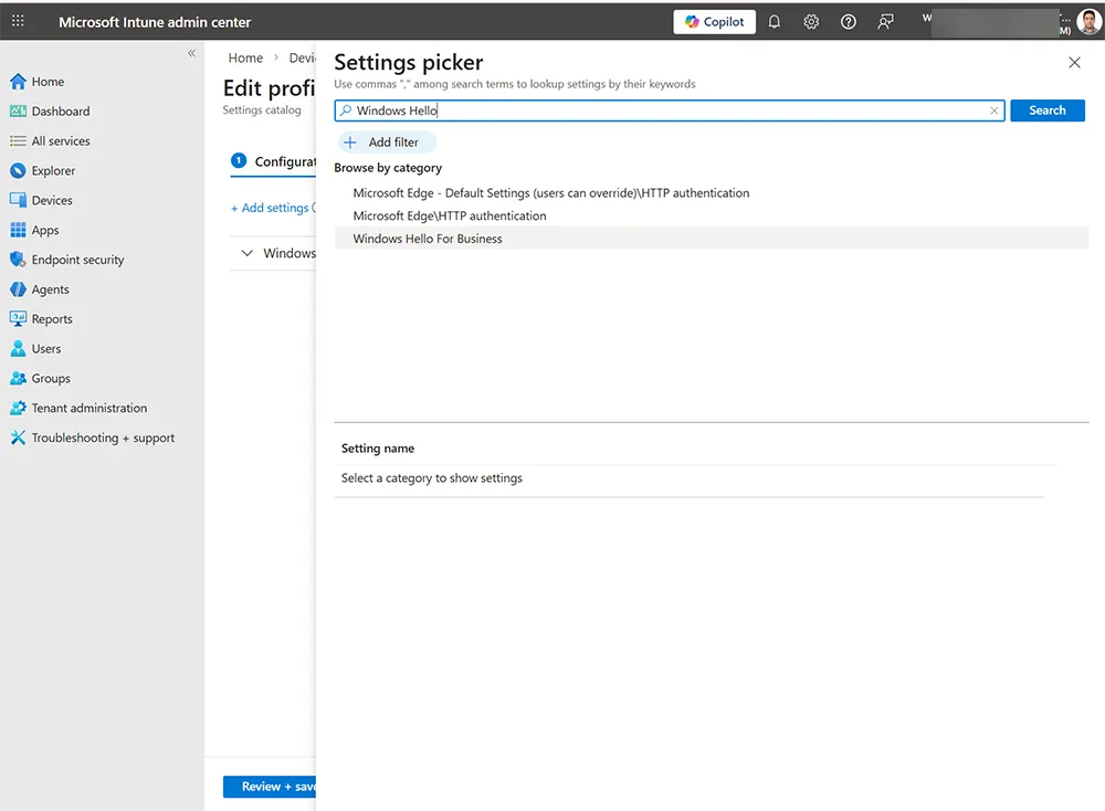 Searching Windows Hello for Business settings in Intune settings picker