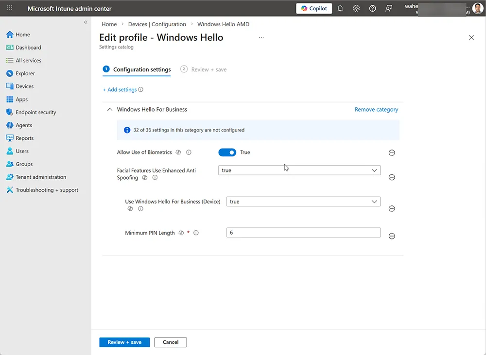 Windows Hello biometric configuration settings in Microsoft Intune