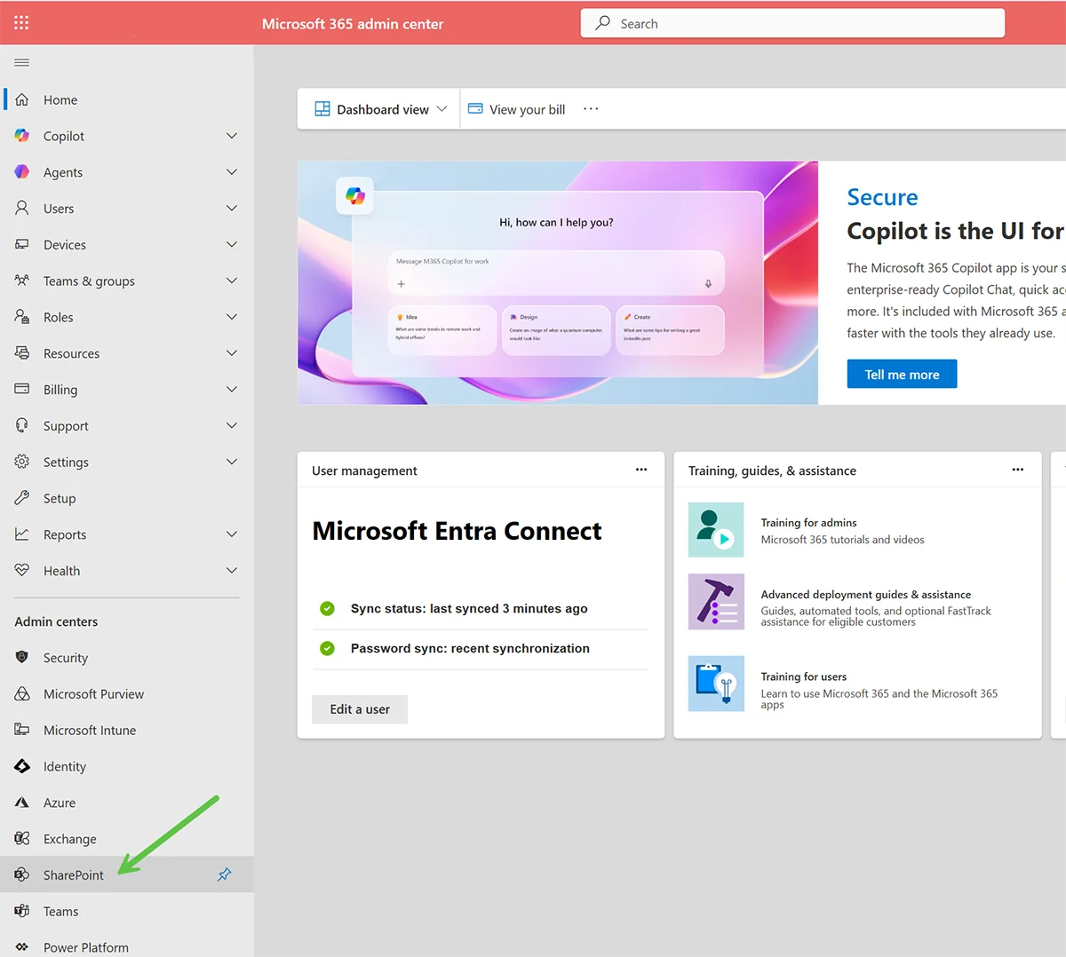 Microsoft 365 admin center with SharePoint selected from the admin centers menu