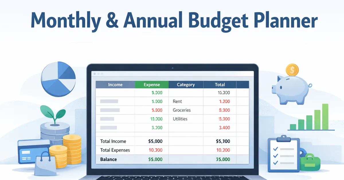 Monthly and annual budget planner Excel template dashboard preview