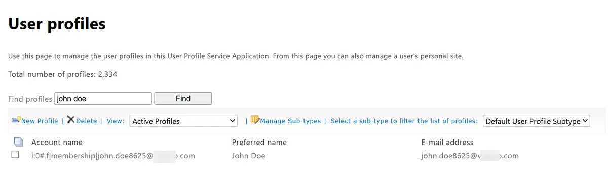 SharePoint User Profiles page showing a search for a former employee profile