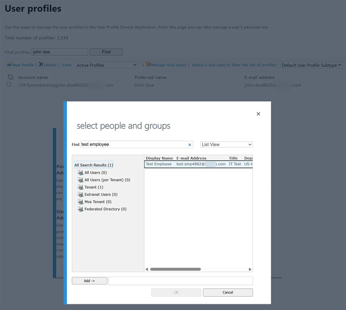 Select People and Groups window in SharePoint showing the new employee selected for OneDrive access