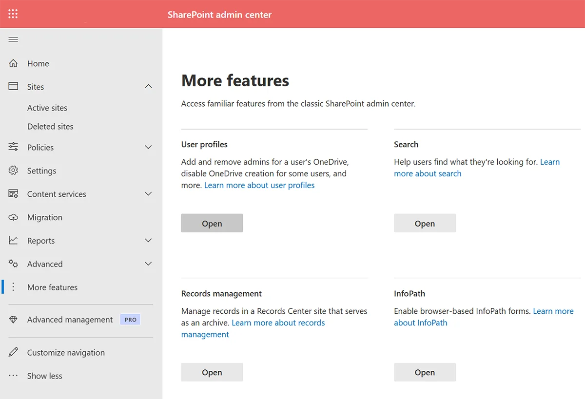 SharePoint admin center More features page showing the User profiles card with the Open button