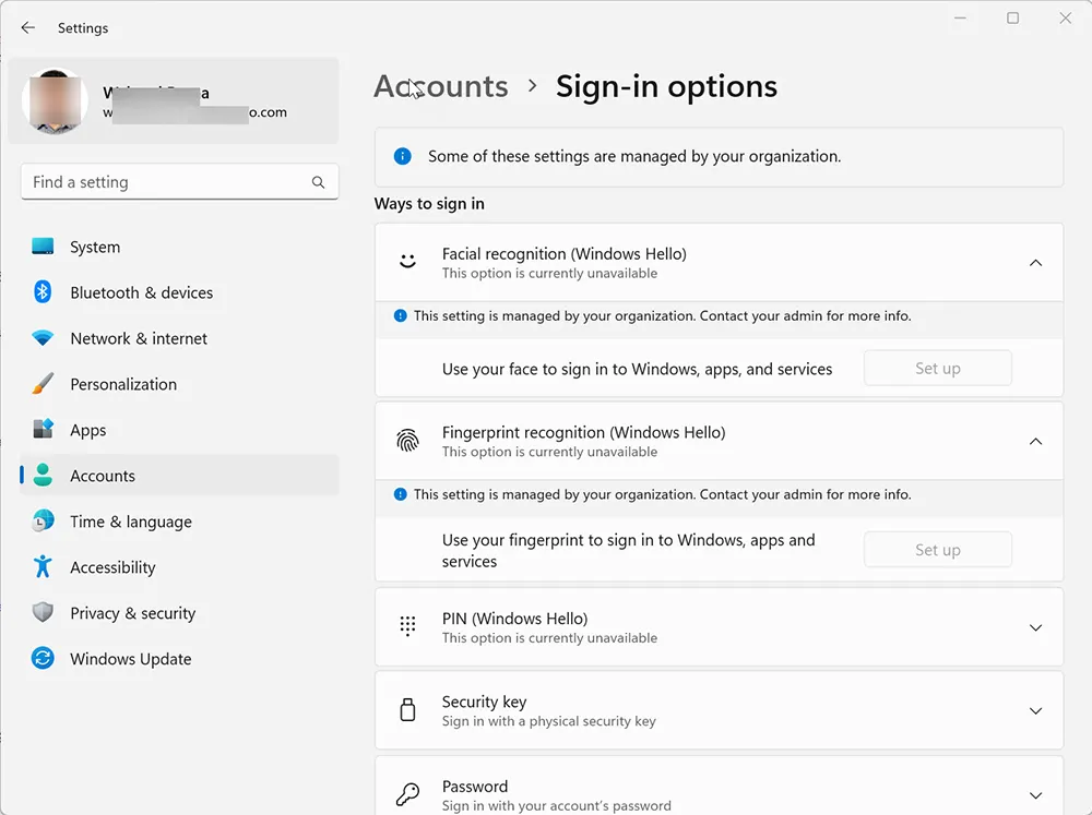 Windows Hello facial recognition and fingerprint options unavailable before Intune policy deployment