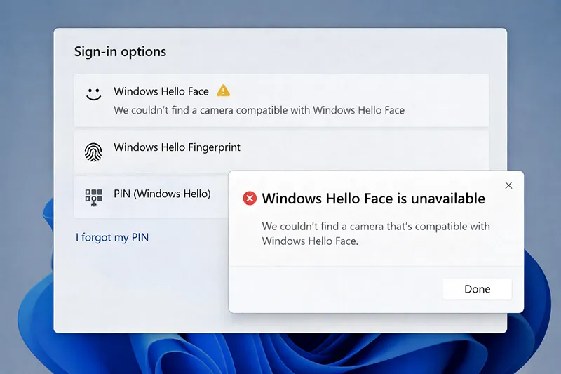 Windows Hello face error showing no compatible camera detected