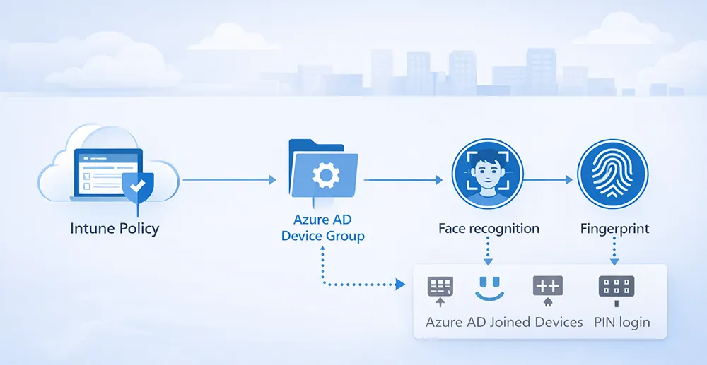 Architecture diagram showing Microsoft Intune deploying Windows Hello policy to Azure AD joined Windows devices